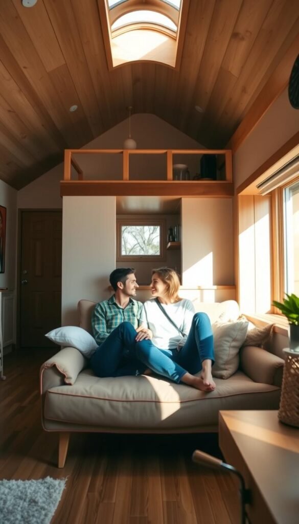 A cozy, warm-lit interior of a tiny home, with a couple sitting comfortably on a plush, minimalist sofa. The space is filled with natural light streaming through a large window, highlighting the wooden accents and clean, modern decor. The couple is engaged in a relaxed conversation, their body language conveying a sense of intimacy and contentment. In the background, a well-organized kitchenette and a small dining area can be seen, suggesting the efficient use of space. The overall atmosphere is one of simplicity, tranquility, and the joy of living in a compact, but thoughtfully designed environment.