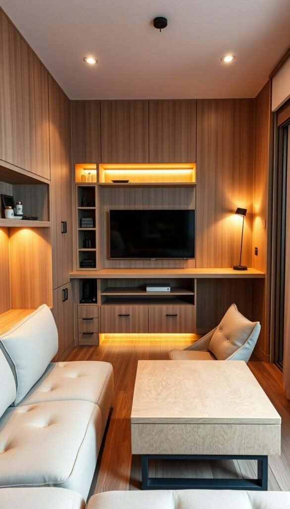 A cozy, well-designed small living space with clever storage solutions. In the foreground, a compact modular sofa with integrated shelves and a foldable coffee table. In the middle, a wall-mounted TV unit with hidden compartments for cables and media devices. The background features a floating desk with a minimalist wall-mounted lamp, creating a productive workspace. Warm, diffused lighting illuminates the room, giving it a inviting, serene atmosphere. The scene is captured with a wide-angle lens to emphasize the efficient use of limited square footage. A cozy, well-designed small living space with clever storage solutions. In the foreground, a compact modular sofa with integrated shelves and a foldable coffee table. In the middle, a wall-mounted TV unit with hidden compartments for cables and media devices. The background features a floating desk with a minimalist wall-mounted lamp, creating a productive workspace. Warm, diffused lighting illuminates the room, giving it a inviting, serene atmosphere. The scene is captured with a wide-angle lens to emphasize the efficient use of limited square footage.