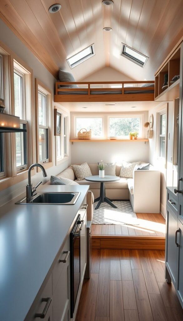 A cozy, well-designed tiny home interior with a bright, airy atmosphere. In the foreground, a minimalist kitchen with a sleek, compact stove, sink, and shelving. In the middle ground, a multifunctional living space with a comfortable sofa, a small dining table, and a loft bed above. Soft natural lighting filters in through large windows, creating a warm, inviting ambiance. The background features cleverly integrated storage solutions, such as hidden drawers and built-in cabinetry, maximizing the available space. The overall aesthetic is a harmonious blend of functionality and stylish design, showcasing the unique features that make this tiny home stand out.