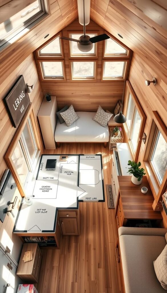 A cozy, well-designed tiny home with a detailed floor plan showcasing the efficient use of space. The interior is bathed in warm, natural lighting, captured from a high-angle perspective to highlight the minimalist layout and clever storage solutions. Rustic wood accents, large windows, and a neutral color palette create a serene, inviting atmosphere. The image conveys the essence of the tiny house movement - living comfortably in a compact, sustainable dwelling.
