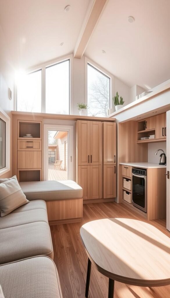A cozy, well-designed tiny home with a multi-purpose living space. In the foreground, a convertible sofa that transforms into a bed, complemented by a compact, minimalist coffee table. The middle ground showcases built-in storage units with hidden compartments, blending seamlessly into the walls. Sunlight filters through large windows, casting a warm, inviting glow throughout the open-concept layout. The background features a small kitchenette with a space-saving appliance suite and clever storage solutions. Clean lines, neutral tones, and natural materials create a harmonious, functional, and visually appealing interior that maximizes the limited square footage of a tiny home.