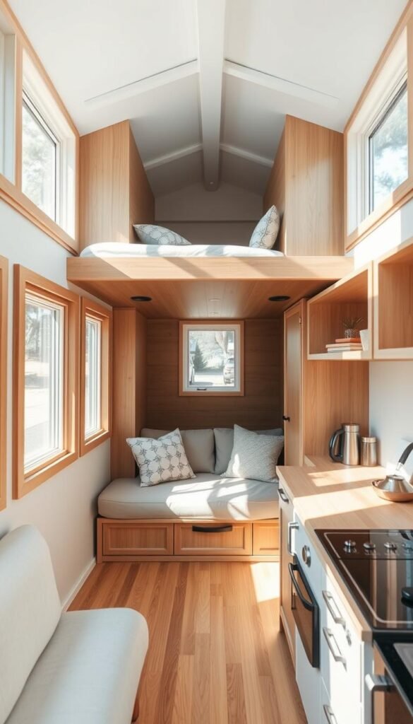 A cozy, well-designed tiny house interior with clean, minimalist aesthetics. Sunlight streams through large windows, illuminating a modular, multi-functional living space. A custom-built storage loft above a plush, convertible sofa-bed. Sleek, built-in cabinets and shelves optimize every inch. A compact, efficient kitchenette with modern appliances. Warm wood tones and natural textures create a calming, inviting ambiance. Soft, diffused lighting highlights the thoughtful layout and bespoke furnishings. An overall sense of spaciousness, comfort and personalization in a compact, adaptable home. A cozy, well-designed tiny house interior with clean, minimalist aesthetics. Sunlight streams through large windows, illuminating a modular, multi-functional living space. A custom-built storage loft above a plush, convertible sofa-bed. Sleek, built-in cabinets and shelves optimize every inch. A compact, efficient kitchenette with modern appliances. Warm wood tones and natural textures create a calming, inviting ambiance. Soft, diffused lighting highlights the thoughtful layout and bespoke furnishings. An overall sense of spaciousness, comfort and personalization in a compact, adaptable home.
