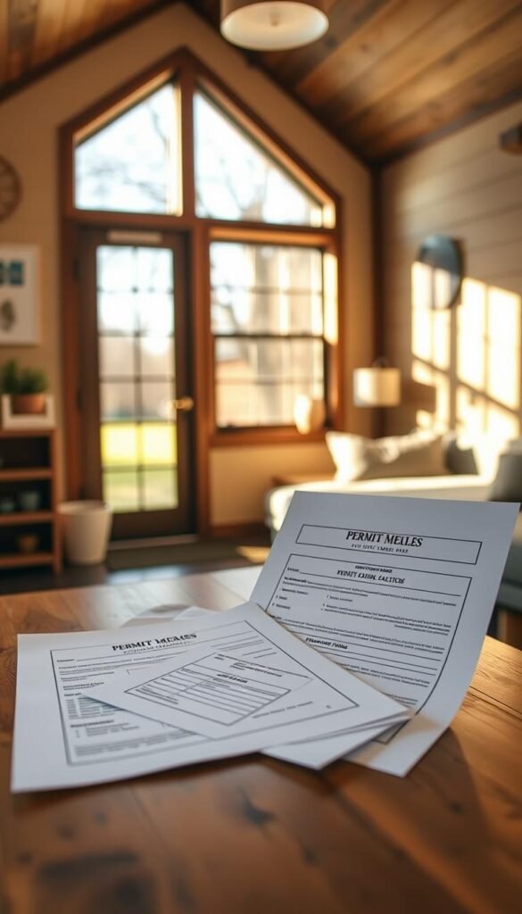 A cozy, well-lit interior of a tiny home in Tennessee, with a focus on the permit application documents prominently displayed on a wooden table. The room is filled with natural light from a large window, casting a warm glow on the permit forms and the surrounding decor, which includes a minimalist but stylish design aesthetic. The permits are neatly organized, conveying a sense of the careful planning and attention to detail required for tiny home construction in the state. The overall atmosphere is one of tranquility and efficiency, reflecting the permitting process for these compact, sustainable dwellings. A cozy, well-lit interior of a tiny home in Tennessee, with a focus on the permit application documents prominently displayed on a wooden table. The room is filled with natural light from a large window, casting a warm glow on the permit forms and the surrounding decor, which includes a minimalist but stylish design aesthetic. The permits are neatly organized, conveying a sense of the careful planning and attention to detail required for tiny home construction in the state. The overall atmosphere is one of tranquility and efficiency, reflecting the permitting process for these compact, sustainable dwellings.