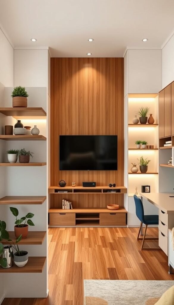 A cozy, well-lit interior showcasing a variety of wall-mounted furniture solutions. In the foreground, a sleek, minimal floating shelf unit displays decorative objects and plants. In the middle ground, a mounted entertainment center with hidden storage compartments. Along the side walls, custom-built wall cabinets and desks provide ample workspace and storage. The background features clean, bright white walls and warm, soft lighting, creating a harmonious and functional living space that maximizes every inch. A cozy, well-lit interior showcasing a variety of wall-mounted furniture solutions. In the foreground, a sleek, minimal floating shelf unit displays decorative objects and plants. In the middle ground, a mounted entertainment center with hidden storage compartments. Along the side walls, custom-built wall cabinets and desks provide ample workspace and storage. The background features clean, bright white walls and warm, soft lighting, creating a harmonious and functional living space that maximizes every inch.