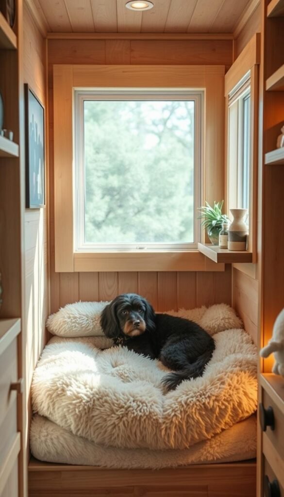 A cozy, well-lit pet sleeping nook in a tiny home's interior. The nook is nestled in a corner, with a plush pet bed and soft, fluffy pillows. Warm, diffused lighting filters in from a nearby window, casting a gentle glow. The nook is surrounded by natural wood paneling and shelves, creating a sense of coziness and seclusion. A potted plant and a few decorative items add to the homey atmosphere. The scene conveys a sense of comfort, relaxation, and a pet-friendly living environment within the compact, efficient design of a tiny home. A cozy, well-lit pet sleeping nook in a tiny home's interior. The nook is nestled in a corner, with a plush pet bed and soft, fluffy pillows. Warm, diffused lighting filters in from a nearby window, casting a gentle glow. The nook is surrounded by natural wood paneling and shelves, creating a sense of coziness and seclusion. A potted plant and a few decorative items add to the homey atmosphere. The scene conveys a sense of comfort, relaxation, and a pet-friendly living environment within the compact, efficient design of a tiny home.