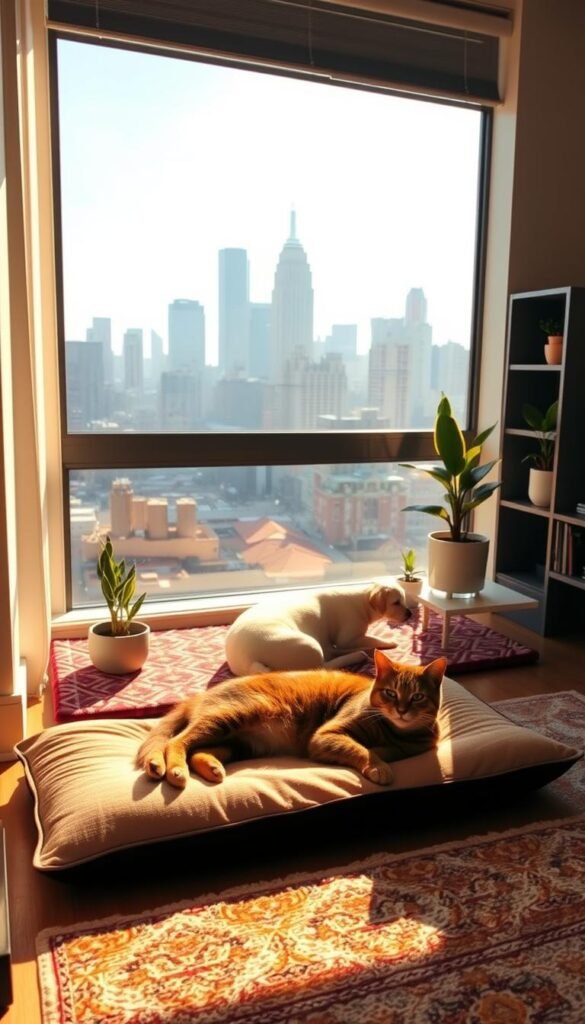 A cozy, well-lit studio apartment with a large window overlooking a bustling city skyline. In the foreground, a tabby cat lounges contentedly on a plush floor cushion, basking in the warm, golden sunlight. The cat's expression conveys a sense of relaxation and comfort, despite the compact living space. In the middle ground, a small dog curled up on a colorful patterned rug, surrounded by a few carefully chosen potted plants and a minimalist, modern side table. The background features a sleek, minimalist bookshelf and a single abstract painting, creating a harmonious, calming atmosphere. The overall scene conveys the idea of pets thriving in a small, thoughtfully designed living space. A cozy, well-lit studio apartment with a large window overlooking a bustling city skyline. In the foreground, a tabby cat lounges contentedly on a plush floor cushion, basking in the warm, golden sunlight. The cat's expression conveys a sense of relaxation and comfort, despite the compact living space. In the middle ground, a small dog curled up on a colorful patterned rug, surrounded by a few carefully chosen potted plants and a minimalist, modern side table. The background features a sleek, minimalist bookshelf and a single abstract painting, creating a harmonious, calming atmosphere. The overall scene conveys the idea of pets thriving in a small, thoughtfully designed living space.
