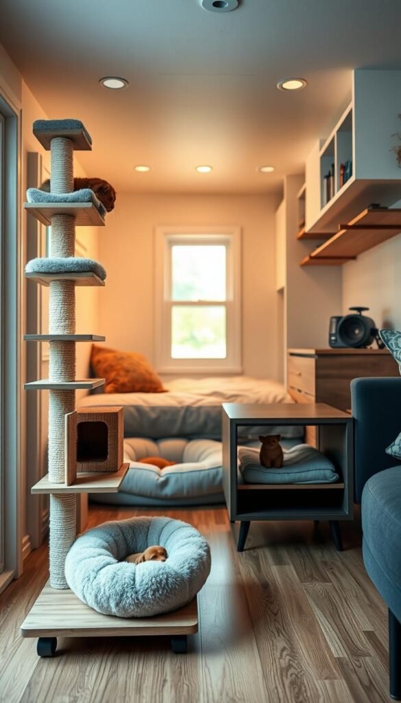 A cozy, well-lit tiny home interior showcasing a multifunctional pet furniture piece. In the foreground, a sleek, modular cat tower with perches, scratching posts, and hidden storage cubbies. In the middle ground, a dog bed seamlessly integrated into a low-profile side table, doubling as an end table. The background features minimalist shelving and wall-mounted storage units, optimizing every inch of space. The lighting is warm and inviting, casting a soft glow over the scene. The overall atmosphere is one of efficient, thoughtful design that caters to both human and pet needs in a compact living environment. A cozy, well-lit tiny home interior showcasing a multifunctional pet furniture piece. In the foreground, a sleek, modular cat tower with perches, scratching posts, and hidden storage cubbies. In the middle ground, a dog bed seamlessly integrated into a low-profile side table, doubling as an end table. The background features minimalist shelving and wall-mounted storage units, optimizing every inch of space. The lighting is warm and inviting, casting a soft glow over the scene. The overall atmosphere is one of efficient, thoughtful design that caters to both human and pet needs in a compact living environment.