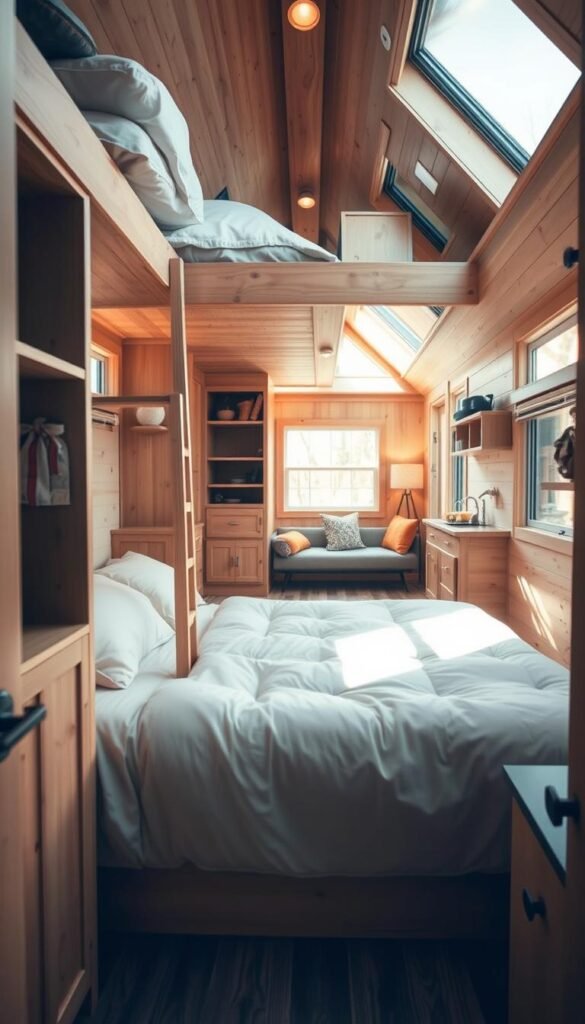 A cozy, well-lit tiny home interior showcasing an innovative sleeping arrangement. In the foreground, a plush, minimalist bed is nestled beneath a built-in loft, accessible by a compact wooden ladder. The mid-ground features cleverly designed storage spaces and shelving units, maximizing the limited square footage. Warm, natural lighting filters in through large windows, creating a serene, inviting atmosphere. The background reveals additional seating areas and a compact kitchenette, all seamlessly integrated into the compact layout. The scene conveys a sense of comfort, functionality, and thoughtful design, suitable for a family's needs in a tiny home setting. A cozy, well-lit tiny home interior showcasing an innovative sleeping arrangement. In the foreground, a plush, minimalist bed is nestled beneath a built-in loft, accessible by a compact wooden ladder. The mid-ground features cleverly designed storage spaces and shelving units, maximizing the limited square footage. Warm, natural lighting filters in through large windows, creating a serene, inviting atmosphere. The background reveals additional seating areas and a compact kitchenette, all seamlessly integrated into the compact layout. The scene conveys a sense of comfort, functionality, and thoughtful design, suitable for a family's needs in a tiny home setting.