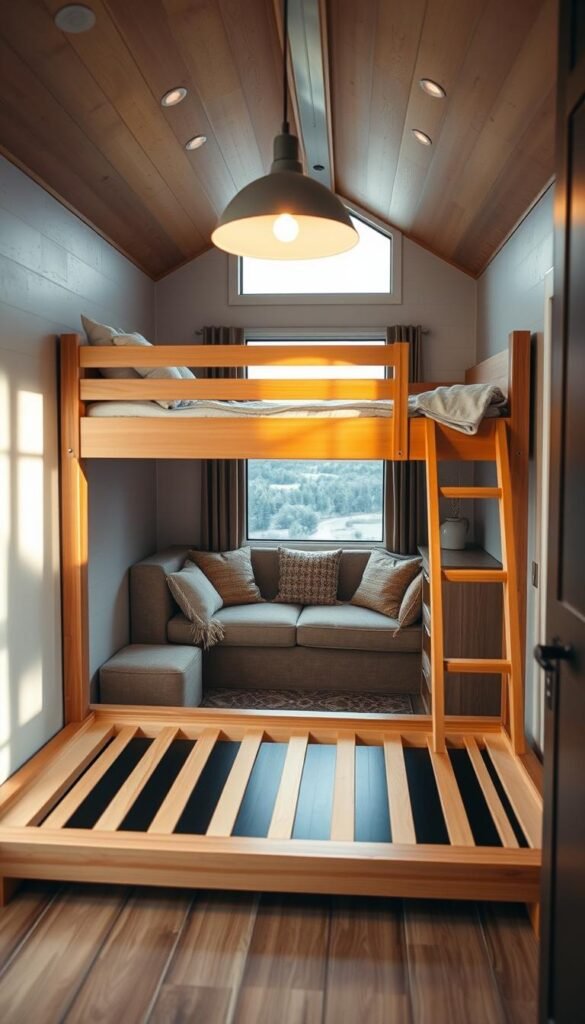 A cozy, well-lit tiny home interior with a foldout bunk bed design in the foreground. The bed frame is made of natural wood with clean lines and a minimalist aesthetic. Soft, warm lighting from a hanging pendant casts a gentle glow over the space. The middle ground features a small seating area with plush, neutral-toned cushions, complementing the wooden accents. In the background, a large window offers a glimpse of a serene, natural landscape outside, creating a sense of openness and tranquility. The overall atmosphere is one of functionality, comfort, and a harmonious blend of modern and rustic elements. A cozy, well-lit tiny home interior with a foldout bunk bed design in the foreground. The bed frame is made of natural wood with clean lines and a minimalist aesthetic. Soft, warm lighting from a hanging pendant casts a gentle glow over the space. The middle ground features a small seating area with plush, neutral-toned cushions, complementing the wooden accents. In the background, a large window offers a glimpse of a serene, natural landscape outside, creating a sense of openness and tranquility. The overall atmosphere is one of functionality, comfort, and a harmonious blend of modern and rustic elements.