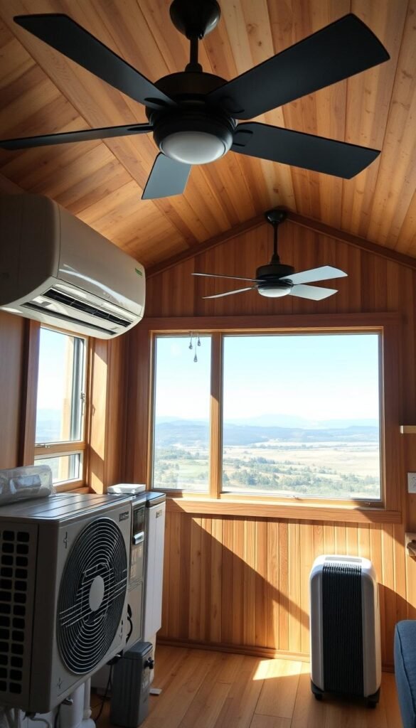 A cozy, well-lit tiny house interior, showcasing various heating and cooling solutions. In the foreground, a ductless mini-split air conditioner unit is prominently displayed, its sleek design blending seamlessly with the rustic wood paneling. Beside it, a small, energy-efficient space heater radiates warmth. In the middle ground, a large window offers a panoramic view of a picturesque landscape, allowing natural light to flood the space. Strategically placed ceiling fans gently circulate the air, creating a comfortable, balanced environment. The overall atmosphere is one of efficiency, functionality, and harmonious integration of modern HVAC technology within the charming confines of a tiny home. A cozy, well-lit tiny house interior, showcasing various heating and cooling solutions. In the foreground, a ductless mini-split air conditioner unit is prominently displayed, its sleek design blending seamlessly with the rustic wood paneling. Beside it, a small, energy-efficient space heater radiates warmth. In the middle ground, a large window offers a panoramic view of a picturesque landscape, allowing natural light to flood the space. Strategically placed ceiling fans gently circulate the air, creating a comfortable, balanced environment. The overall atmosphere is one of efficiency, functionality, and harmonious integration of modern HVAC technology within the charming confines of a tiny home.