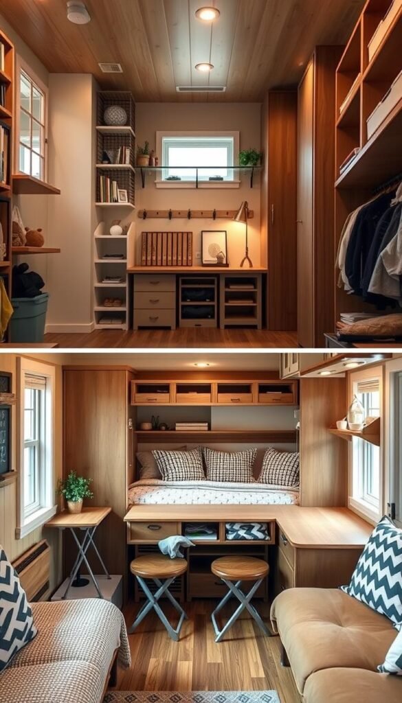 A cozy, well-organized tiny home interior with various innovative space-saving storage solutions. The foreground features neatly arranged modular shelving units, wall-mounted racks, and hidden compartments integrated into the furniture. The middle ground showcases a space-efficient fold-down desk, collapsible stools, and a Murphy bed that seamlessly blends into the wall. The background highlights clever storage ideas like built-in cabinets, under-stair drawers, and overhead loft space. Warm, diffused lighting creates a welcoming atmosphere, and the composition emphasizes the efficient use of every inch in this compact, thoughtfully designed living space. A cozy, well-organized tiny home interior with various innovative space-saving storage solutions. The foreground features neatly arranged modular shelving units, wall-mounted racks, and hidden compartments integrated into the furniture. The middle ground showcases a space-efficient fold-down desk, collapsible stools, and a Murphy bed that seamlessly blends into the wall. The background highlights clever storage ideas like built-in cabinets, under-stair drawers, and overhead loft space. Warm, diffused lighting creates a welcoming atmosphere, and the composition emphasizes the efficient use of every inch in this compact, thoughtfully designed living space.