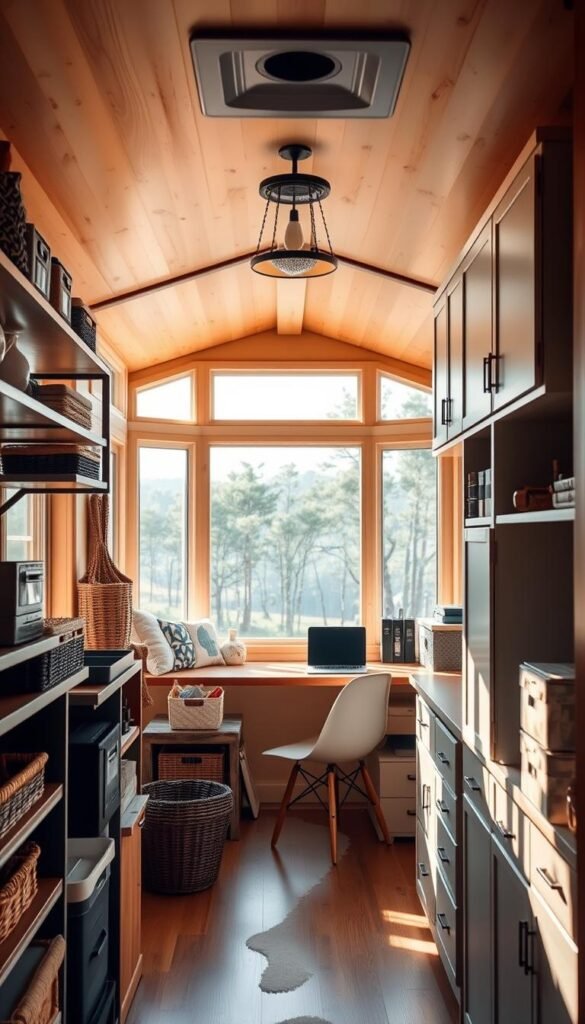 A cozy, well-organized tiny home interior with warm, natural lighting. In the foreground, various storage and organization solutions are neatly displayed, such as shelves, baskets, and modular cabinets. The middle ground features a minimalist, functional workspace with a laptop and desk organizers. In the background, large windows offer scenic views of a serene, tree-lined landscape, creating a sense of spaciousness and tranquility. The overall aesthetic is clean, harmonious, and inviting, showcasing practical tips for maximizing storage and efficiency in a compact living space. A cozy, well-organized tiny home interior with warm, natural lighting. In the foreground, various storage and organization solutions are neatly displayed, such as shelves, baskets, and modular cabinets. The middle ground features a minimalist, functional workspace with a laptop and desk organizers. In the background, large windows offer scenic views of a serene, tree-lined landscape, creating a sense of spaciousness and tranquility. The overall aesthetic is clean, harmonious, and inviting, showcasing practical tips for maximizing storage and efficiency in a compact living space.