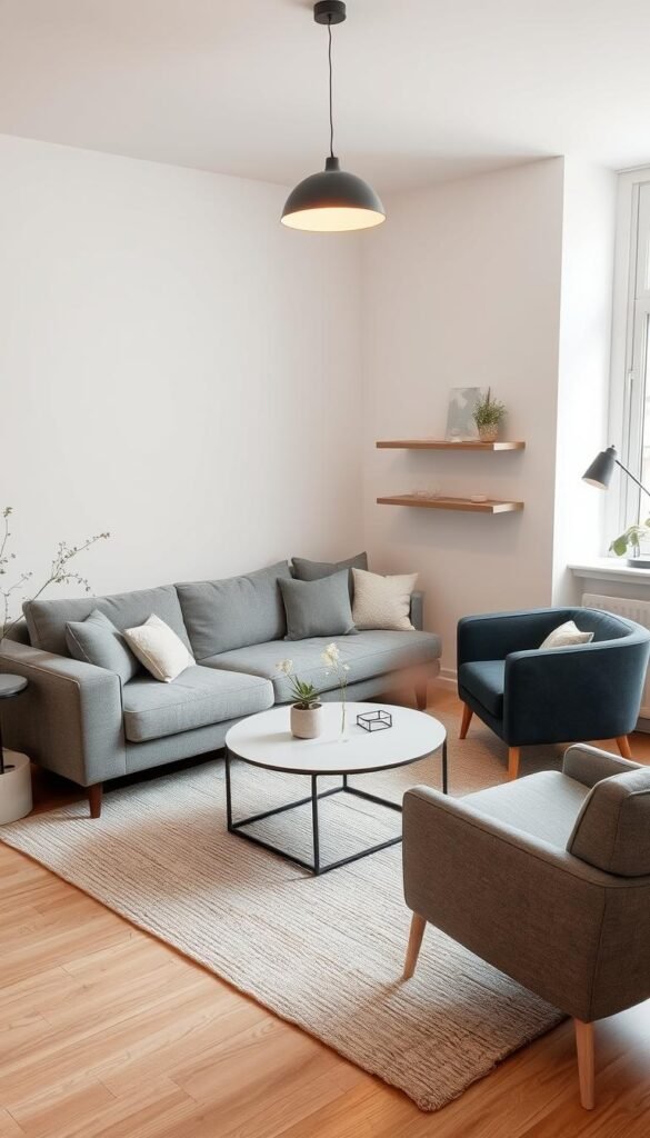 A cozy yet stylish small-space sectional arrangement sits in a bright, airy living room. The L-shaped sofa in soft gray upholstery fills the corner, complemented by a plush charcoal armchair. Delicate trailing plants and a textured area rug add warmth, while a sleek, minimalist coffee table and floating shelves create a balanced, uncluttered look. Warm, diffused lighting from a pendant fixture above casts a gentle glow, accentuating the clean lines and neutral color palette. The composition showcases how a well-considered furniture layout can maximize functionality and visual appeal in a compact urban living area. A cozy yet stylish small-space sectional arrangement sits in a bright, airy living room. The L-shaped sofa in soft gray upholstery fills the corner, complemented by a plush charcoal armchair. Delicate trailing plants and a textured area rug add warmth, while a sleek, minimalist coffee table and floating shelves create a balanced, uncluttered look. Warm, diffused lighting from a pendant fixture above casts a gentle glow, accentuating the clean lines and neutral color palette. The composition showcases how a well-considered furniture layout can maximize functionality and visual appeal in a compact urban living area.