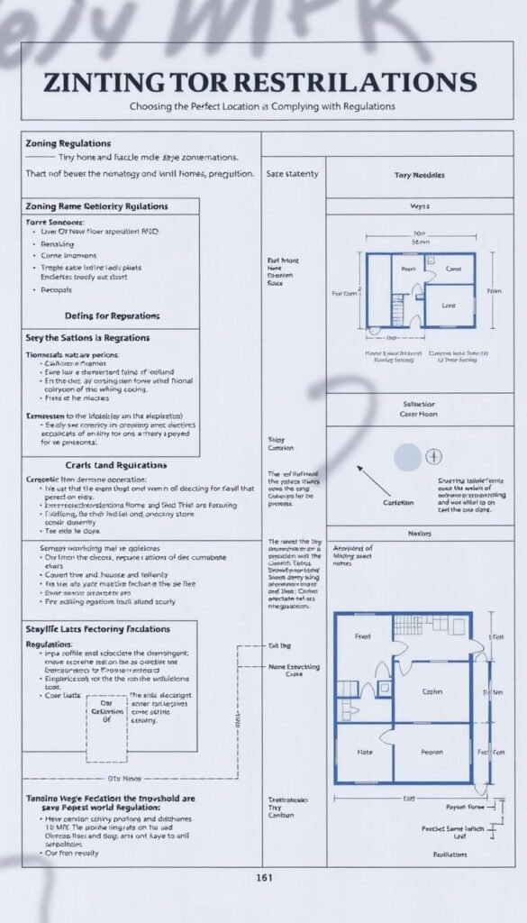 A detailed architectural blueprint of zoning regulations for tiny homes, with clear diagrams and floor plans showcasing the maximum dimensions, setback requirements, and other key guidelines. The layout is clean and professional, with a neutral color palette of grays, blues, and whites to convey a sense of authority and legality. The image is presented from a bird's-eye view, allowing the viewer to easily understand the spatial relationships and constraints. Subtle shadows and a slight vignette effect create depth and focus the attention on the core information. The overall mood is one of precision, organization, and adherence to municipal codes, perfectly suited to illustrate the "Choosing the Perfect Location and Complying with Regulations" section of the article.