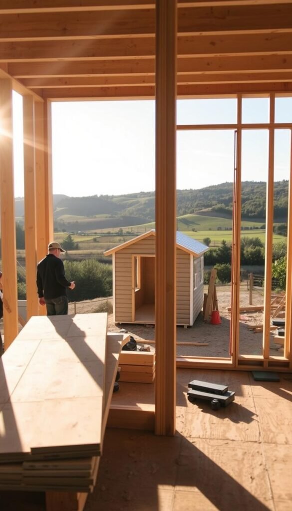 A detailed construction process of a tiny house, capturing the various stages of building. In the foreground, workers are framing the structure, carefully aligning wooden beams and panels. In the middle ground, a small house shell is visible, its exterior siding being installed. In the background, a picturesque rural landscape with rolling hills and lush greenery sets the scene. Warm, golden sunlight filters through, casting a cozy atmosphere. The camera angle is slightly elevated, providing a comprehensive view of the construction site. The overall tone is one of industrious progress, showcasing the hands-on work required to build a tiny house from the ground up. A detailed construction process of a tiny house, capturing the various stages of building. In the foreground, workers are framing the structure, carefully aligning wooden beams and panels. In the middle ground, a small house shell is visible, its exterior siding being installed. In the background, a picturesque rural landscape with rolling hills and lush greenery sets the scene. Warm, golden sunlight filters through, casting a cozy atmosphere. The camera angle is slightly elevated, providing a comprehensive view of the construction site. The overall tone is one of industrious progress, showcasing the hands-on work required to build a tiny house from the ground up.