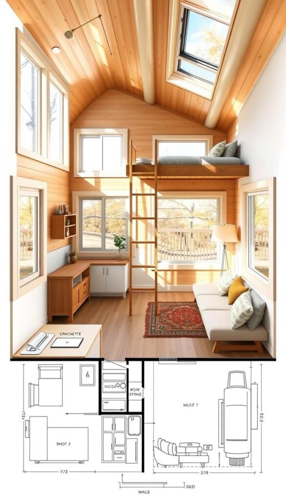 A detailed floor plan of a tiny home, showcasing an efficient and minimalist design. The space features an open-concept layout, with a living area, kitchenette, and a small sleeping loft accessed by a wooden ladder. Warm, natural lighting filters through large windows, creating a cozy and inviting atmosphere. The design incorporates clean lines, neutral tones, and carefully selected furniture and decor to maximize the sense of space. The plan highlights practical storage solutions, such as built-in shelving and multifunctional pieces, to optimize the limited square footage. This image captures the essence of thoughtful tiny home planning, inspiring readers to envision their own personalized small-space living. A detailed floor plan of a tiny home, showcasing an efficient and minimalist design. The space features an open-concept layout, with a living area, kitchenette, and a small sleeping loft accessed by a wooden ladder. Warm, natural lighting filters through large windows, creating a cozy and inviting atmosphere. The design incorporates clean lines, neutral tones, and carefully selected furniture and decor to maximize the sense of space. The plan highlights practical storage solutions, such as built-in shelving and multifunctional pieces, to optimize the limited square footage. This image captures the essence of thoughtful tiny home planning, inspiring readers to envision their own personalized small-space living.