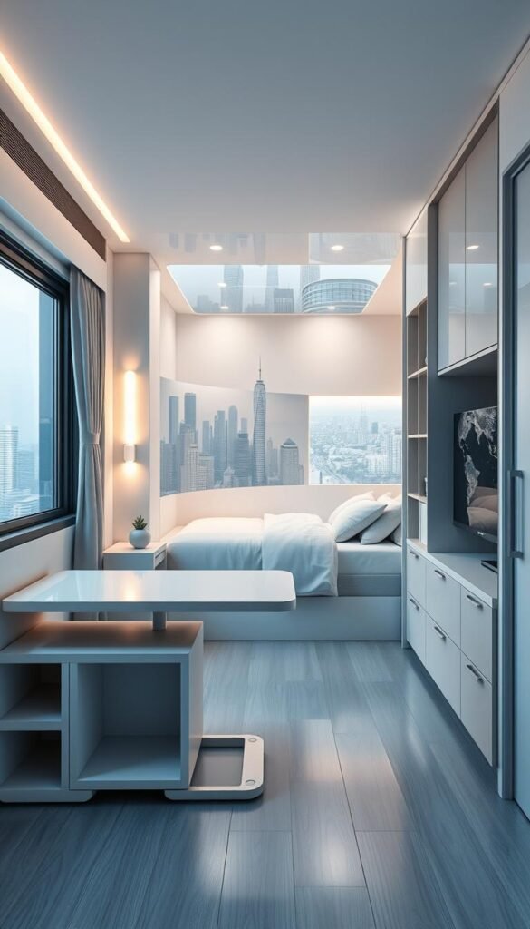 A futuristic studio apartment, its walls adorned with sleek, space-saving tech. In the foreground, a modular, transforming furniture piece seamlessly transitions from a desk to a dining table, optimizing the limited floor space. In the middle ground, a wall-mounted shelving system with hidden compartments and sliding doors maximizes storage while maintaining a minimalist aesthetic. The background features a murphy bed that gracefully folds into the wall, complemented by a holographic display projecting a serene cityscape outside the window. Soft, ambient lighting accentuates the modern, efficient design, creating a harmonious, high-tech living environment in a tiny home.