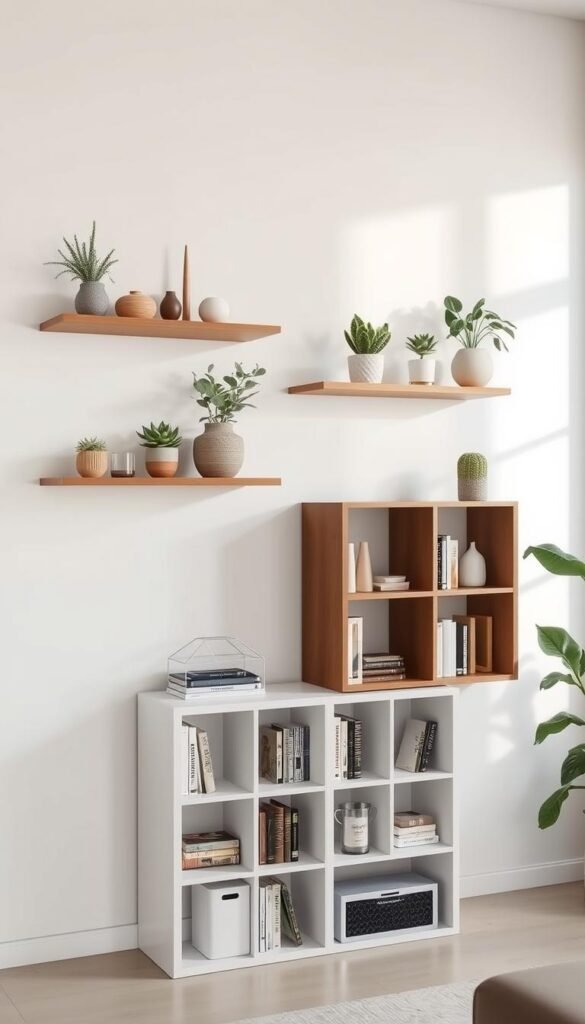 A minimalist shelving display showcasing a variety of curated storage solutions for a tiny home. In the foreground, sleek floating wall shelves hold neatly arranged decorative objects and plants. In the middle ground, a modular cube storage unit with multiple compartments for books, trinkets, and knick-knacks. The background features a clean, white wall with natural lighting streaming in from a nearby window, casting a soft, ambient glow. The overall mood is one of elegant simplicity, highlighting the versatility and functionality of the selected storage pieces against a serene, uncluttered backdrop. A minimalist shelving display showcasing a variety of curated storage solutions for a tiny home. In the foreground, sleek floating wall shelves hold neatly arranged decorative objects and plants. In the middle ground, a modular cube storage unit with multiple compartments for books, trinkets, and knick-knacks. The background features a clean, white wall with natural lighting streaming in from a nearby window, casting a soft, ambient glow. The overall mood is one of elegant simplicity, highlighting the versatility and functionality of the selected storage pieces against a serene, uncluttered backdrop.