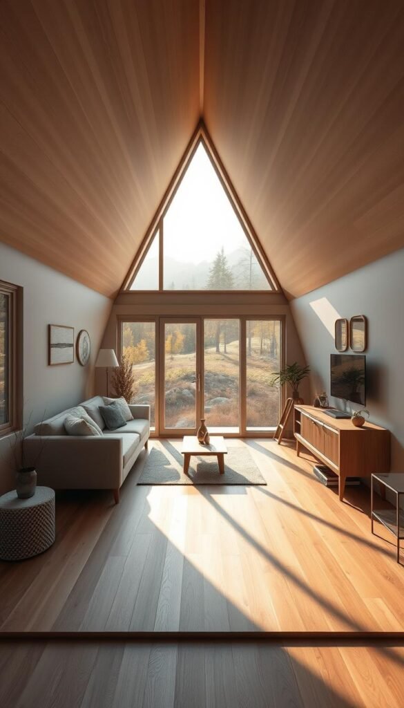A minimalist tiny home design with a clean, uncluttered aesthetic. A simple, modern A-frame structure sits amidst a serene, natural landscape, bathed in warm, golden lighting. Large windows frame picturesque views, allowing the outdoors to flow seamlessly inside. Sleek, minimalist furnishings and decor create a calming, zen-like atmosphere, perfectly suited for focusing on the essentials. Smooth, wooden floors and neutral tones evoke a sense of harmony and balance. The compact layout maximizes efficiency without sacrificing style or comfort, embodying the essence of thoughtful, minimalist living. A minimalist tiny home design with a clean, uncluttered aesthetic. A simple, modern A-frame structure sits amidst a serene, natural landscape, bathed in warm, golden lighting. Large windows frame picturesque views, allowing the outdoors to flow seamlessly inside. Sleek, minimalist furnishings and decor create a calming, zen-like atmosphere, perfectly suited for focusing on the essentials. Smooth, wooden floors and neutral tones evoke a sense of harmony and balance. The compact layout maximizes efficiency without sacrificing style or comfort, embodying the essence of thoughtful, minimalist living.
