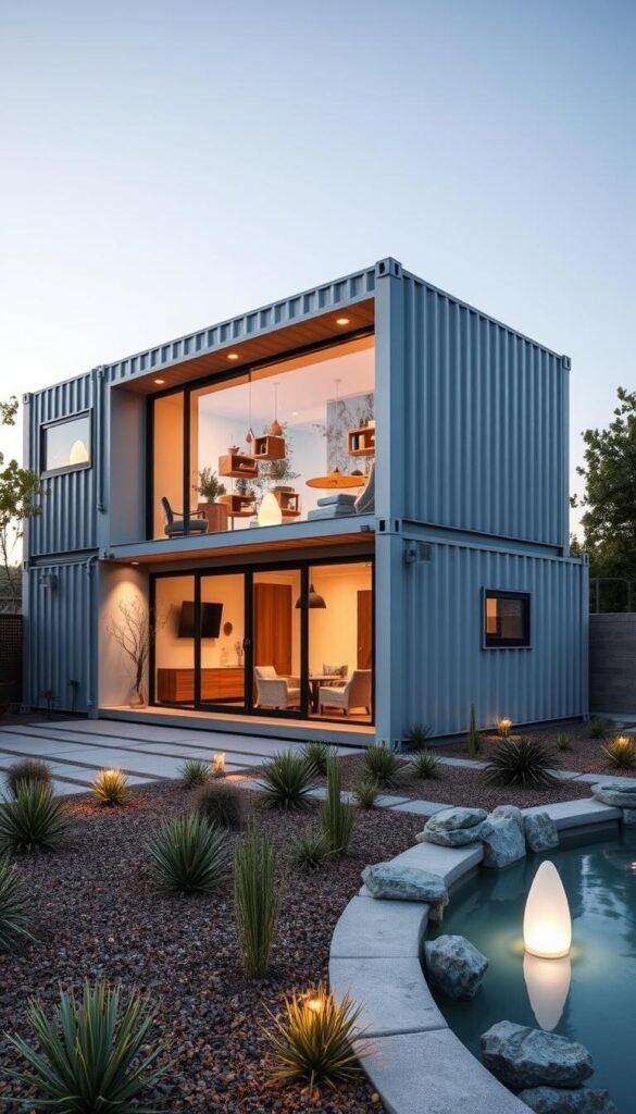 A modern, sleek container home design, showcasing clean lines and geometric forms. A two-story structure made from repurposed shipping containers, strategically arranged to maximize natural light and open-concept living. The exterior features a mix of exposed steel and warm wood accents, blending industrial chic with contemporary elegance. Large windows and sliding glass doors allow the indoors to seamlessly flow into the surrounding environment. In the foreground, a well-curated landscaping design with drought-resistant plants and a tranquil water feature. Soft, diffused lighting casts a warm glow, creating a serene and inviting atmosphere. The overall composition emphasizes the container home's versatility, sustainability, and the harmonious integration of form and function. A modern, sleek container home design, showcasing clean lines and geometric forms. A two-story structure made from repurposed shipping containers, strategically arranged to maximize natural light and open-concept living. The exterior features a mix of exposed steel and warm wood accents, blending industrial chic with contemporary elegance. Large windows and sliding glass doors allow the indoors to seamlessly flow into the surrounding environment. In the foreground, a well-curated landscaping design with drought-resistant plants and a tranquil water feature. Soft, diffused lighting casts a warm glow, creating a serene and inviting atmosphere. The overall composition emphasizes the container home's versatility, sustainability, and the harmonious integration of form and function.