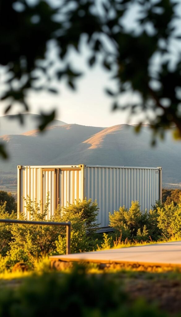 A panoramic view of a container home, showcasing its pros and cons. In the foreground, a modern, minimalist container structure stands tall, its sleek metallic exterior gleaming in the warm afternoon light. The middle ground features a lush, verdant landscape, with trees and shrubs gently swaying in the breeze. In the background, a rolling, hilly terrain creates a serene, picturesque backdrop. The scene is illuminated by soft, diffused lighting, creating a balanced, natural ambiance. The composition emphasizes the container home's streamlined design, its sustainable integration with the environment, and the trade-offs between compact living and connection to nature. A panoramic view of a container home, showcasing its pros and cons. In the foreground, a modern, minimalist container structure stands tall, its sleek metallic exterior gleaming in the warm afternoon light. The middle ground features a lush, verdant landscape, with trees and shrubs gently swaying in the breeze. In the background, a rolling, hilly terrain creates a serene, picturesque backdrop. The scene is illuminated by soft, diffused lighting, creating a balanced, natural ambiance. The composition emphasizes the container home's streamlined design, its sustainable integration with the environment, and the trade-offs between compact living and connection to nature.