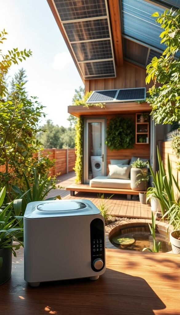 A peaceful, sun-drenched scene of a modern, sustainable tiny house nestled amidst lush greenery. The house features sleek, minimalist design with solar panels on the roof, a living wall, and a composting system. In the foreground, an attractive, energy-efficient appliance rests on a wooden counter. The middle ground showcases a smartly designed, multipurpose interior with transformative furniture. The background reveals a serene garden oasis with native plants and a small pond. Warm, natural lighting highlights the harmonious integration of technology and nature, conveying a sense of harmony and environmental consciousness.