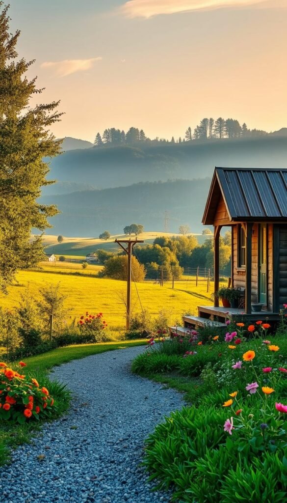 A quaint Tennessee countryside scene, a cozy tiny home nestled among rolling hills and lush greenery. Warm, natural sunlight filters through the windows, casting a soft glow over the rustic wooden exterior. In the foreground, a well-tended garden bursts with vibrant flowers, while a winding gravel path leads up to the home's charming porch. The middle ground features a picturesque landscape of undulating pastures and clusters of towering trees. In the distance, a hazy blue mountain range provides a serene backdrop, creating a harmonious, peaceful atmosphere. The composition captures the essence of tiny home living in the tranquil, picturesque setting of Tennessee. A quaint Tennessee countryside scene, a cozy tiny home nestled among rolling hills and lush greenery. Warm, natural sunlight filters through the windows, casting a soft glow over the rustic wooden exterior. In the foreground, a well-tended garden bursts with vibrant flowers, while a winding gravel path leads up to the home's charming porch. The middle ground features a picturesque landscape of undulating pastures and clusters of towering trees. In the distance, a hazy blue mountain range provides a serene backdrop, creating a harmonious, peaceful atmosphere. The composition captures the essence of tiny home living in the tranquil, picturesque setting of Tennessee.