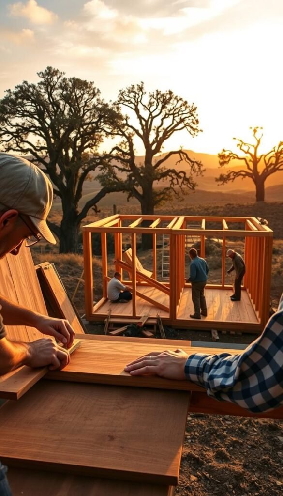 A rustic craftsman-style tiny home under construction, set against a backdrop of rolling hills and a warm, golden-hour sky. In the foreground, a skilled carpenter carefully measures and cuts weathered wood boards, their hands calloused from years of diligent work. The midground reveals the frame of the tiny home, with its clean lines and sturdy timber construction, as workers assemble the walls and roof using traditional joinery techniques. In the distance, the silhouettes of mature oak trees sway gently, casting long shadows across the scene. The overall atmosphere conveys a sense of hard-earned craftsmanship, sustainability, and the beauty of human-scale design in harmony with the natural world. A rustic craftsman-style tiny home under construction, set against a backdrop of rolling hills and a warm, golden-hour sky. In the foreground, a skilled carpenter carefully measures and cuts weathered wood boards, their hands calloused from years of diligent work. The midground reveals the frame of the tiny home, with its clean lines and sturdy timber construction, as workers assemble the walls and roof using traditional joinery techniques. In the distance, the silhouettes of mature oak trees sway gently, casting long shadows across the scene. The overall atmosphere conveys a sense of hard-earned craftsmanship, sustainability, and the beauty of human-scale design in harmony with the natural world.