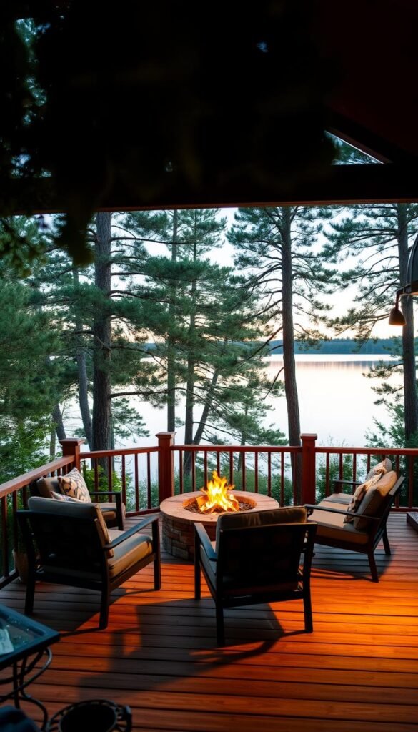 A serene lakeside deck with a cozy firepit nestled amidst lush greenery. The deck is constructed from warm, weathered wood, with a comfortable patio set arranged around the central firepit. Soft ambient lighting casts a gentle glow, creating an inviting and intimate atmosphere. In the background, a tranquil lake reflects the surrounding pine trees, creating a picturesque waterfront setting. The overall scene evokes a sense of peaceful lakeside living, perfect for relaxing and taking in the natural beauty. A serene lakeside deck with a cozy firepit nestled amidst lush greenery. The deck is constructed from warm, weathered wood, with a comfortable patio set arranged around the central firepit. Soft ambient lighting casts a gentle glow, creating an inviting and intimate atmosphere. In the background, a tranquil lake reflects the surrounding pine trees, creating a picturesque waterfront setting. The overall scene evokes a sense of peaceful lakeside living, perfect for relaxing and taking in the natural beauty.