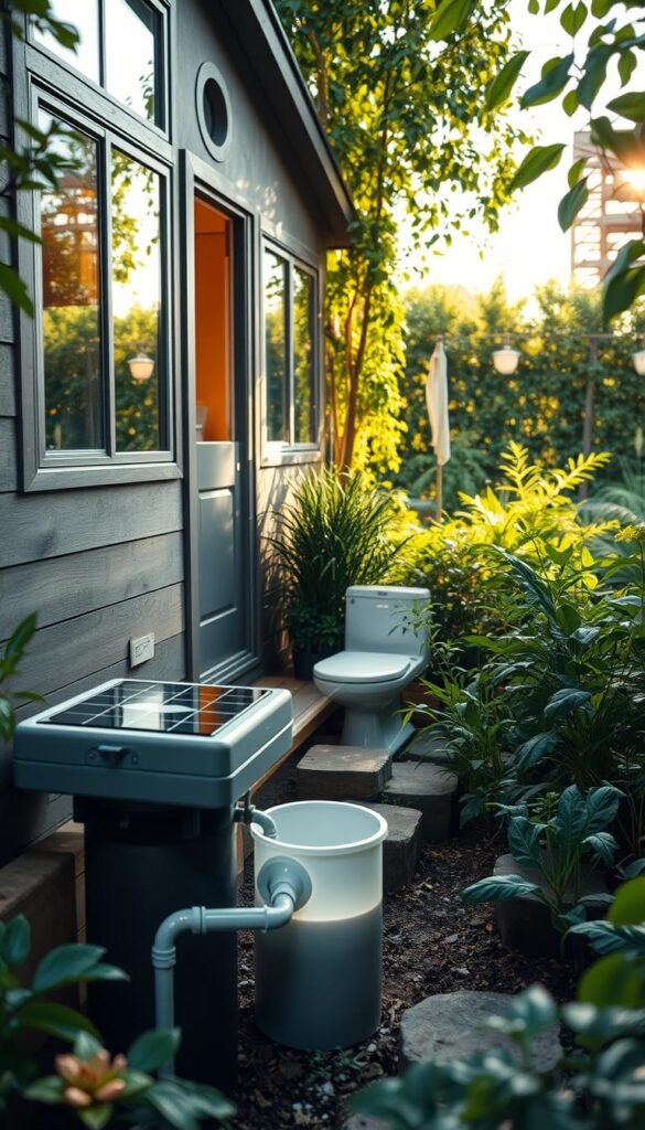 A serene, minimalist tiny house nestled amidst lush greenery. In the foreground, a small, solar-powered water recycling system collects and filters greywater for irrigation. The middle ground features a compact composting toilet, blending seamlessly with the natural surroundings. In the background, a verdant garden thrives, showcasing the integration of water-wise landscaping. Warm, natural lighting filters through large windows, casting a cozy glow over the scene. The overall mood is one of environmental harmony and sustainable living in a tiny, thoughtfully-designed space. A serene, minimalist tiny house nestled amidst lush greenery. In the foreground, a small, solar-powered water recycling system collects and filters greywater for irrigation. The middle ground features a compact composting toilet, blending seamlessly with the natural surroundings. In the background, a verdant garden thrives, showcasing the integration of water-wise landscaping. Warm, natural lighting filters through large windows, casting a cozy glow over the scene. The overall mood is one of environmental harmony and sustainable living in a tiny, thoughtfully-designed space.