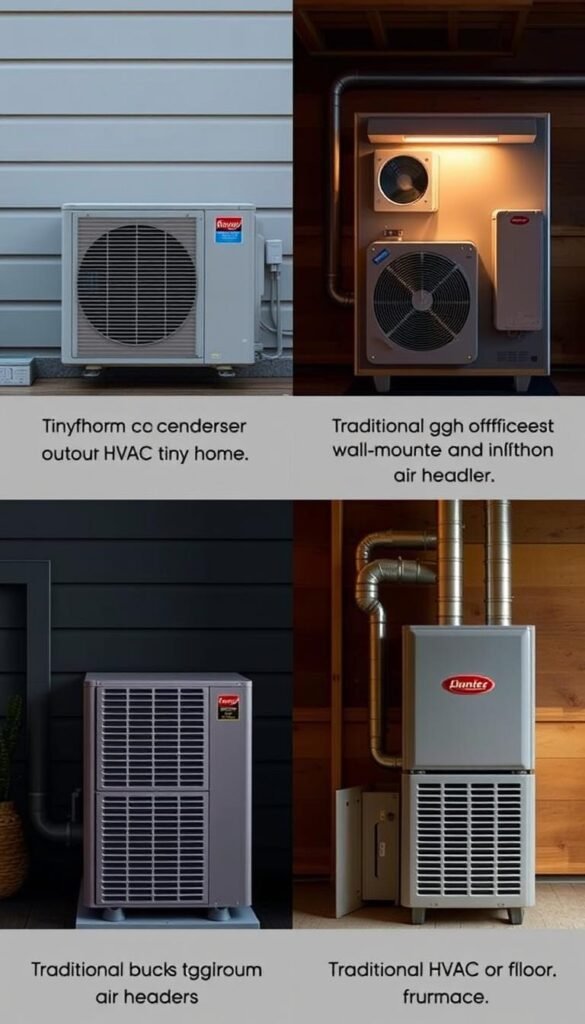 A side-by-side comparison of a compact, high-efficiency HVAC system for a tiny home and a traditional, bulkier residential HVAC unit. The tiny home setup features a sleek, minimalist outdoor condenser unit and a discreet, wall-mounted indoor air handler. The traditional system showcases a larger, boxy outdoor unit and a floor-standing indoor furnace. Both systems are bathed in warm, directional lighting, highlighting their key differences in size, form, and integration within a tiny home's limited space versus a conventional residential setting. A side-by-side comparison of a compact, high-efficiency HVAC system for a tiny home and a traditional, bulkier residential HVAC unit. The tiny home setup features a sleek, minimalist outdoor condenser unit and a discreet, wall-mounted indoor air handler. The traditional system showcases a larger, boxy outdoor unit and a floor-standing indoor furnace. Both systems are bathed in warm, directional lighting, highlighting their key differences in size, form, and integration within a tiny home's limited space versus a conventional residential setting.