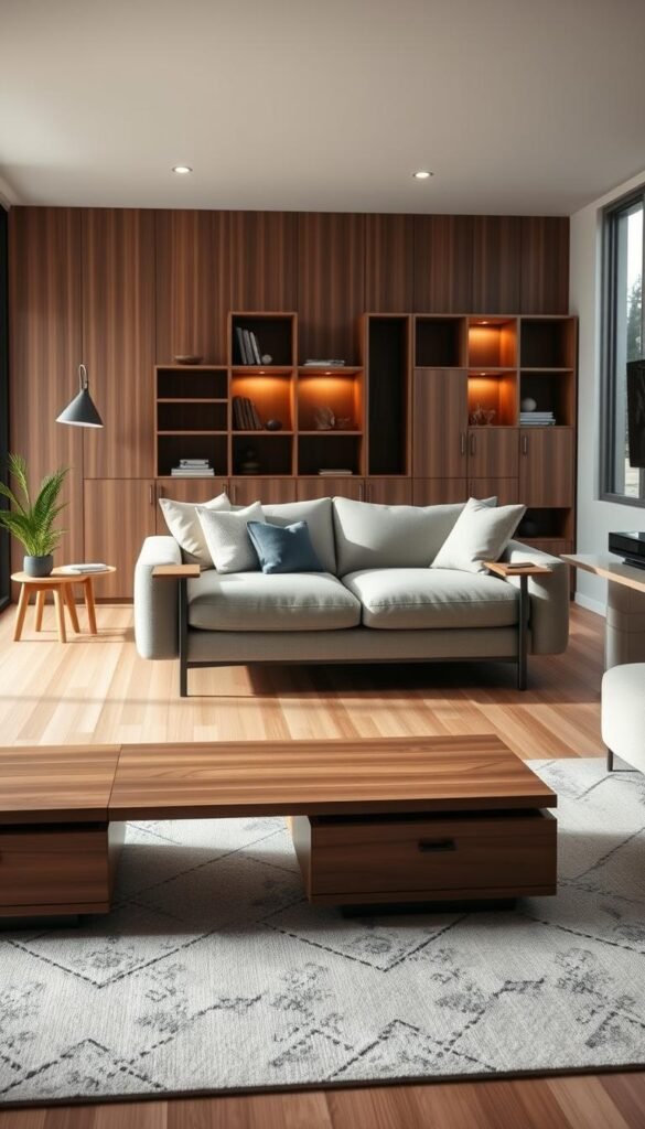 A sleek, modern living room showcasing innovative furniture designs for a tiny home. In the foreground, a multifunctional coffee table with hidden storage and adjustable height. In the middle ground, a minimalist sofa with reversible chaise longue and built-in end tables. In the background, a wall-mounted shelving unit with integrated lighting and modular cubbies. The scene is bathed in warm, diffused lighting from a large picture window, creating a cozy, inviting atmosphere. The materials used include natural wood, muted fabrics, and brushed metal accents, reflecting a clean, Scandinavian aesthetic. Every piece is designed with space-saving functionality in mind, perfect for maximizing the limited square footage of a tiny home. A sleek, modern living room showcasing innovative furniture designs for a tiny home. In the foreground, a multifunctional coffee table with hidden storage and adjustable height. In the middle ground, a minimalist sofa with reversible chaise longue and built-in end tables. In the background, a wall-mounted shelving unit with integrated lighting and modular cubbies. The scene is bathed in warm, diffused lighting from a large picture window, creating a cozy, inviting atmosphere. The materials used include natural wood, muted fabrics, and brushed metal accents, reflecting a clean, Scandinavian aesthetic. Every piece is designed with space-saving functionality in mind, perfect for maximizing the limited square footage of a tiny home.