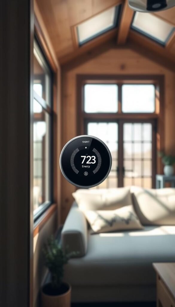 A sleek, modern smart thermostat nestled in a cozy, energy-efficient tiny home. The thermostat's display showcases energy usage data, guiding the homeowner toward optimal efficiency. Warm, natural lighting filters through large windows, illuminating the minimalist, earth-toned interior. Minimalist furnishings and smart home tech create a harmonious, sustainable living space. The scene conveys a sense of comfort, control, and environmental consciousness, reflecting the goals of maximizing energy efficiency and lowering utility bills in a tiny house. A sleek, modern smart thermostat nestled in a cozy, energy-efficient tiny home. The thermostat's display showcases energy usage data, guiding the homeowner toward optimal efficiency. Warm, natural lighting filters through large windows, illuminating the minimalist, earth-toned interior. Minimalist furnishings and smart home tech create a harmonious, sustainable living space. The scene conveys a sense of comfort, control, and environmental consciousness, reflecting the goals of maximizing energy efficiency and lowering utility bills in a tiny house.