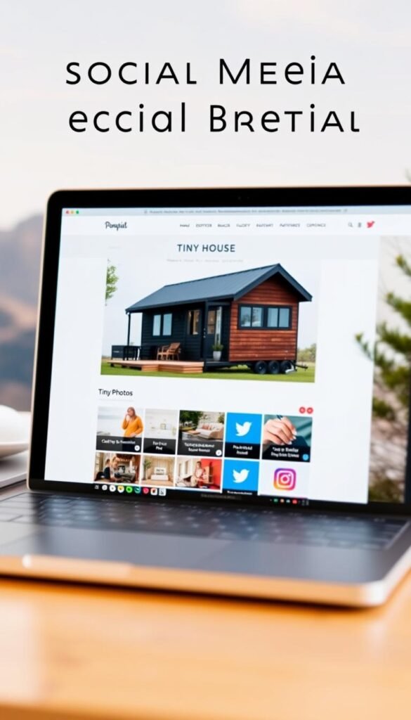 A stylish social media branding layout for vacation rental properties. In the foreground, a laptop screen displays a responsive website design showcasing high-quality photos of a chic, modern tiny house rental. The middle ground features an array of social media icons, including Instagram, Facebook, and Twitter, arranged in a visually appealing grid layout. The background is a soft, blurred scene of a scenic vacation destination, with hints of natural elements like trees or mountains, creating a tranquil, idyllic atmosphere. The overall composition conveys a sense of sophistication, digital savvy, and the allure of the rental property's unique experience.