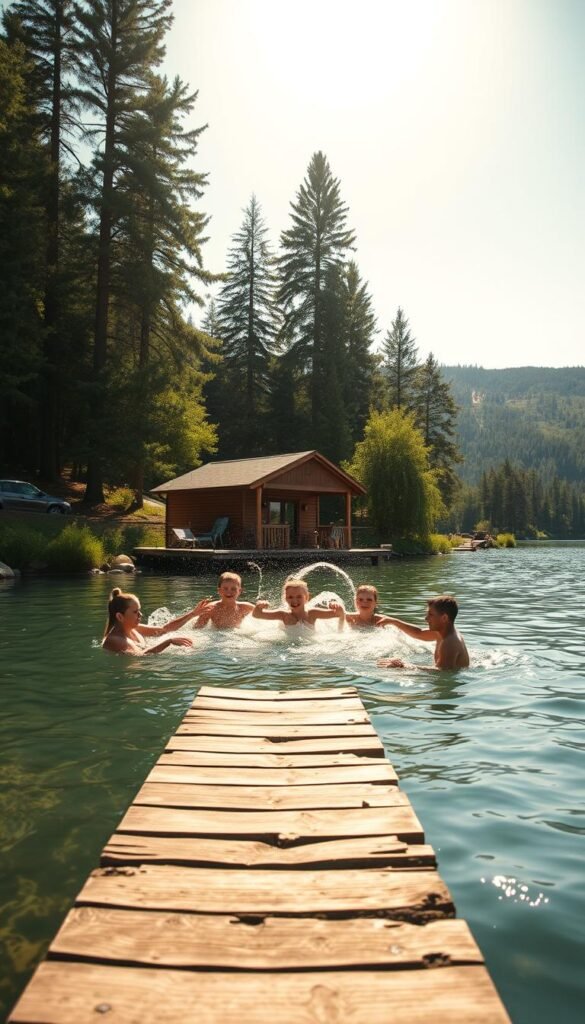 A sun-dappled lakeside scene, a cozy wooden cabin nestled amid lush greenery. In the foreground, a family frolics in the crystal-clear waters, splashing and laughing, their joyful movements captured in a cinematic wide-angle lens. The middle ground features a weathered dock extending into the tranquil lake, inviting visitors to dive in and cool off. In the background, towering pines and rolling hills frame the serene landscape, bathed in the warm glow of a golden summer afternoon. The mood is one of pure relaxation and wholesome recreation, a perfect escape from the stresses of daily life. A sun-dappled lakeside scene, a cozy wooden cabin nestled amid lush greenery. In the foreground, a family frolics in the crystal-clear waters, splashing and laughing, their joyful movements captured in a cinematic wide-angle lens. The middle ground features a weathered dock extending into the tranquil lake, inviting visitors to dive in and cool off. In the background, towering pines and rolling hills frame the serene landscape, bathed in the warm glow of a golden summer afternoon. The mood is one of pure relaxation and wholesome recreation, a perfect escape from the stresses of daily life.