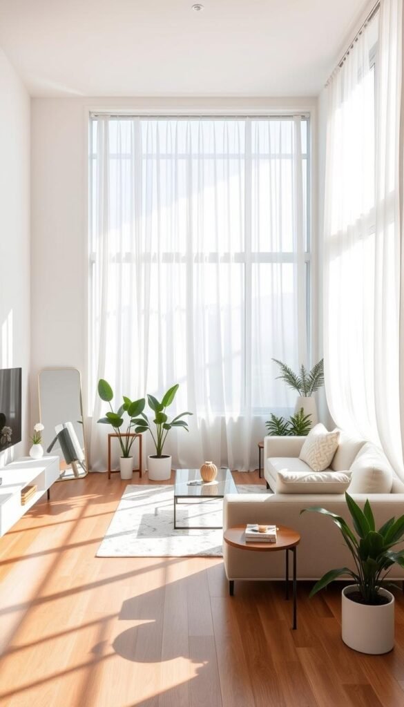 A sunlit living room with large windows, soft white curtains gently flowing in the breeze. Wooden floors and sleek, minimal furniture create a calming, open atmosphere. Strategically placed mirrors reflect the natural light, expanding the perceived space. Potted plants and a few carefully curated décor pieces add pops of color, balancing the clean, airy aesthetic. The room exudes a sense of tranquility, showcasing how thoughtful design can maximize natural illumination in a compact home. A sunlit living room with large windows, soft white curtains gently flowing in the breeze. Wooden floors and sleek, minimal furniture create a calming, open atmosphere. Strategically placed mirrors reflect the natural light, expanding the perceived space. Potted plants and a few carefully curated décor pieces add pops of color, balancing the clean, airy aesthetic. The room exudes a sense of tranquility, showcasing how thoughtful design can maximize natural illumination in a compact home.