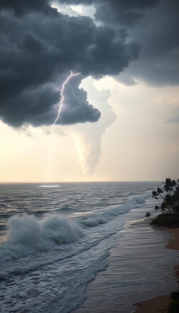 A sweeping vista of Florida's extreme weather patterns, captured with a wide-angle lens. In the foreground, a towering cumulonimbus cloud erupts, its anvil-shaped top illuminated by flashes of lightning. Beneath, a torrential downpour lashes the sun-dappled coastline, choppy waves crashing against the shore. In the middle ground, a funnel cloud twists its way across the horizon, trailing a curtain of debris. The background fades into a hazy, oppressive heat haze, punctuated by the distant silhouettes of palm trees bending in the gale-force winds. The scene conveys the raw, untamed power of Florida's volatile weather, a harsh reminder of the challenges faced by those who dare to live in its path. A sweeping vista of Florida's extreme weather patterns, captured with a wide-angle lens. In the foreground, a towering cumulonimbus cloud erupts, its anvil-shaped top illuminated by flashes of lightning. Beneath, a torrential downpour lashes the sun-dappled coastline, choppy waves crashing against the shore. In the middle ground, a funnel cloud twists its way across the horizon, trailing a curtain of debris. The background fades into a hazy, oppressive heat haze, punctuated by the distant silhouettes of palm trees bending in the gale-force winds. The scene conveys the raw, untamed power of Florida's volatile weather, a harsh reminder of the challenges faced by those who dare to live in its path.