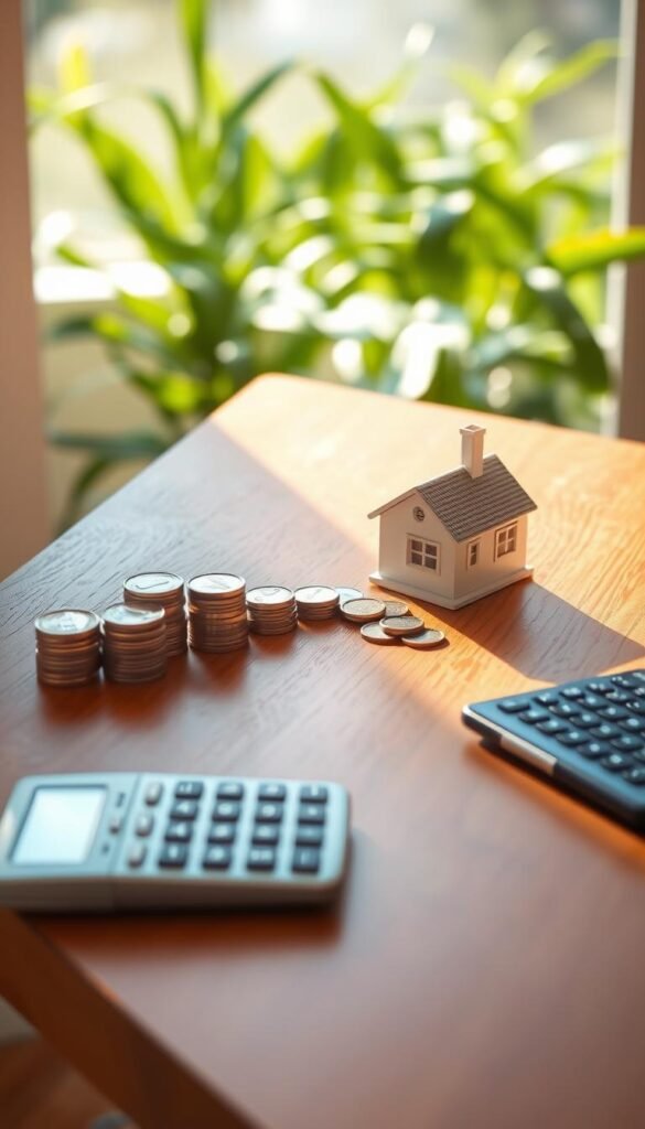 A tidy wooden desk, sunlit and minimalist, with a stack of neatly organized coins, a tiny house model, and a calculator - all elements of the financial benefits of downsizing to a tiny home. The desk is set against a soft, blurred background of greenery, conveying a sense of serenity and eco-consciousness. The lighting is natural, warm, and directional, creating depth and highlighting the key objects. The camera angle is slightly elevated, giving a birds-eye view of the scene, emphasizing the simplicity and organization of the tiny home savings setup. The overall mood is one of efficiency, mindfulness, and a harmonious balance between finances and environmental impact.