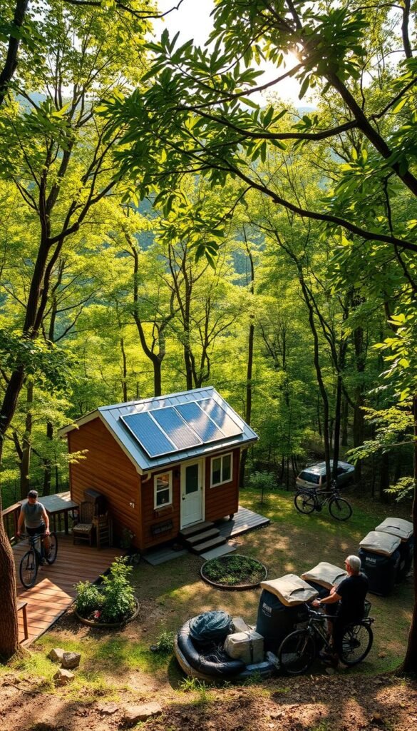 A tranquil off-grid tiny house nestled amidst lush forest foliage, surrounded by rolling hills. Sunlight filters through the canopy, casting a warm glow. Solar panels on the roof provide sustainable energy. A wooden deck offers views of a nearby stream. A small garden and composting system demonstrate eco-friendly practices. Guests explore the property on bicycles, immersed in the serenity of nature. The scene evokes a sense of harmony between human habitation and the natural environment. A tranquil off-grid tiny house nestled amidst lush forest foliage, surrounded by rolling hills. Sunlight filters through the canopy, casting a warm glow. Solar panels on the roof provide sustainable energy. A wooden deck offers views of a nearby stream. A small garden and composting system demonstrate eco-friendly practices. Guests explore the property on bicycles, immersed in the serenity of nature. The scene evokes a sense of harmony between human habitation and the natural environment.