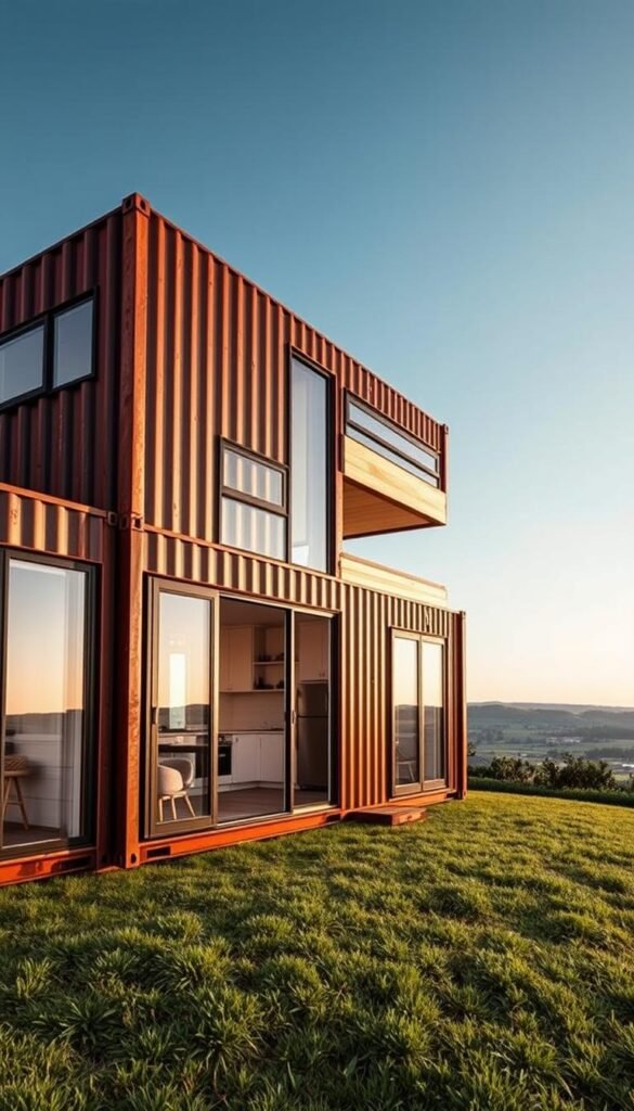 A well-designed shipping container home, with clean lines and sleek modern aesthetic. The exterior features a combination of rusted steel containers and warm wood accents, seamlessly blending industrial and natural elements. Large windows allow natural light to flood the interior, which is arranged in an open-concept layout with a central living area, a minimalist kitchen, and a cozy bedroom loft above. Soft lighting casts a warm glow, creating a cozy and inviting atmosphere. The home is situated on a serene grassy knoll, surrounded by lush greenery and a clear blue sky, conveying a sense of tranquility and harmony with the natural environment. A well-designed shipping container home, with clean lines and sleek modern aesthetic. The exterior features a combination of rusted steel containers and warm wood accents, seamlessly blending industrial and natural elements. Large windows allow natural light to flood the interior, which is arranged in an open-concept layout with a central living area, a minimalist kitchen, and a cozy bedroom loft above. Soft lighting casts a warm glow, creating a cozy and inviting atmosphere. The home is situated on a serene grassy knoll, surrounded by lush greenery and a clear blue sky, conveying a sense of tranquility and harmony with the natural environment.