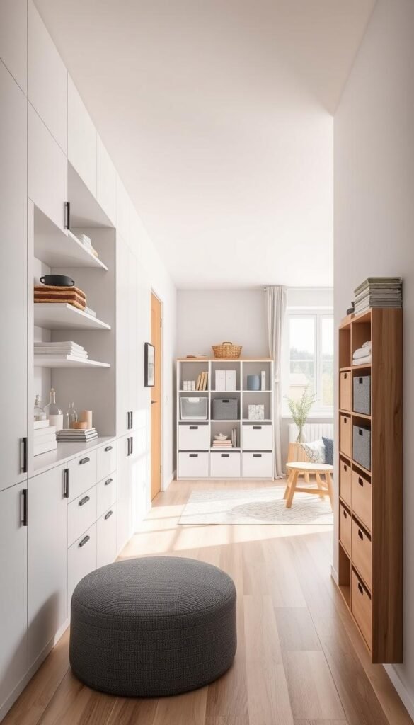 A well-lit, airy room showcasing innovative storage solutions for every space. In the foreground, sleek built-in shelves and cabinets seamlessly integrated into the walls, housing a variety of household items. In the middle ground, a modular storage system with adjustable compartments, allowing for customizable organization. The background features a minimalist, Scandinavian-inspired decor, with natural wood accents and a large window providing ample natural light. The overall atmosphere is one of efficiency, practicality, and a sense of visual harmony, inspiring ideas for maximizing storage in even the most compact of homes.