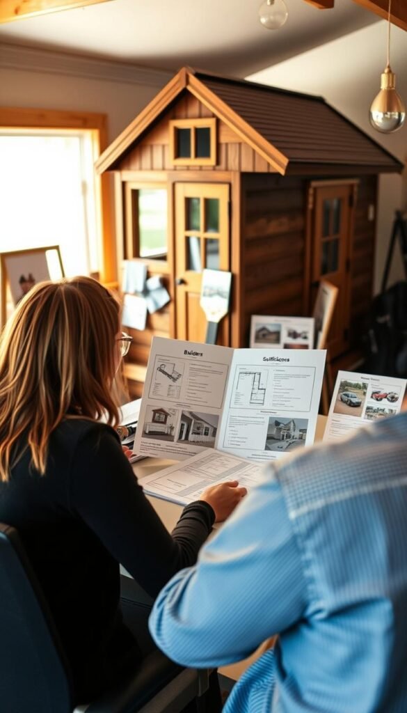 A well-lit, detailed scene depicting the builder selection process for a tiny house project. In the foreground, a homeowner sits at a desk, carefully reviewing construction plans and portfolios from various local builders. The middle ground shows the builders presenting their qualifications, with samples of their previous work on display. In the background, a model tiny house stands as a reference point, showcasing the craftsmanship and attention to detail the homeowner seeks. The lighting is warm and natural, creating a sense of thoughtful decision-making. The overall atmosphere conveys the importance of this crucial step in the tiny house buying journey. A well-lit, detailed scene depicting the builder selection process for a tiny house project. In the foreground, a homeowner sits at a desk, carefully reviewing construction plans and portfolios from various local builders. The middle ground shows the builders presenting their qualifications, with samples of their previous work on display. In the background, a model tiny house stands as a reference point, showcasing the craftsmanship and attention to detail the homeowner seeks. The lighting is warm and natural, creating a sense of thoughtful decision-making. The overall atmosphere conveys the importance of this crucial step in the tiny house buying journey.
