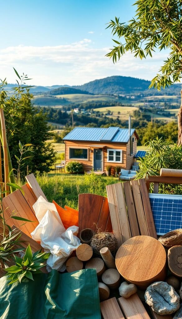 A well-lit, detailed scene of a variety of eco-friendly building materials arranged artfully in the foreground. In the middle ground, a modern tiny house with a natural, sustainable aesthetic, surrounded by lush greenery. The background features a scenic countryside landscape with rolling hills and a clear blue sky. The materials in the foreground include bamboo, recycled plastic, reclaimed wood, solar panels, and energy-efficient windows, all showcasing the possibilities of green construction. The lighting is warm and inviting, highlighting the textures and colors of the natural materials. The overall mood is one of environmental consciousness and the harmony between human habitation and the natural world. A well-lit, detailed scene of a variety of eco-friendly building materials arranged artfully in the foreground. In the middle ground, a modern tiny house with a natural, sustainable aesthetic, surrounded by lush greenery. The background features a scenic countryside landscape with rolling hills and a clear blue sky. The materials in the foreground include bamboo, recycled plastic, reclaimed wood, solar panels, and energy-efficient windows, all showcasing the possibilities of green construction. The lighting is warm and inviting, highlighting the textures and colors of the natural materials. The overall mood is one of environmental consciousness and the harmony between human habitation and the natural world.