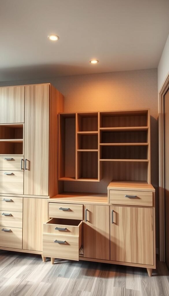 A well-lit, spacious interior with a focus on creative cabinet and shelf storage solutions. In the foreground, a variety of modular, minimalist cabinets in natural wood tones are showcased, each with cleverly designed compartments and pullout drawers. The middle ground features a striking geometric shelving unit with asymmetrical shelves, providing ample display and storage space. Warm, ambient lighting casts a soft, cozy glow, accentuating the natural materials and clean, contemporary design. In the background, a subtle, textured wall adds depth and visual interest, complementing the overall modern, Scandinavian-inspired aesthetic. The scene conveys a sense of organized efficiency and design-forward functionality, perfectly suited for a tiny house or compact living space.