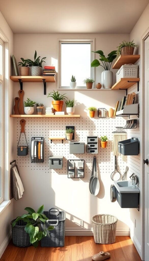 A well-organized, multifunctional wall storage system in a minimalist, light-filled interior. Floating shelves and pegboards hold a variety of neatly arranged decorative and utilitarian items - plants, books, baskets, and modular organizers. The space is illuminated by a warm, natural light filtering through large windows, casting soft shadows and creating a cozy, inviting atmosphere. The layout is symmetrical and visually balanced, reflecting a sense of order and efficiency. The entire scene conveys a harmonious, decluttered aesthetic suitable for a tiny home. A well-organized, multifunctional wall storage system in a minimalist, light-filled interior. Floating shelves and pegboards hold a variety of neatly arranged decorative and utilitarian items - plants, books, baskets, and modular organizers. The space is illuminated by a warm, natural light filtering through large windows, casting soft shadows and creating a cozy, inviting atmosphere. The layout is symmetrical and visually balanced, reflecting a sense of order and efficiency. The entire scene conveys a harmonious, decluttered aesthetic suitable for a tiny home.