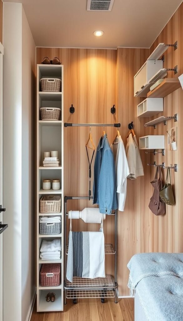 An interior scene of a compact, minimalist tiny home, with a focus on vertical storage solutions. In the foreground, a modern, sleek wall-mounted shelving unit with various storage cubbies, baskets, and decorative accents. The middle ground features a foldable, multi-tiered hanging rack for clothes, accessories, and linens. The background showcases a neutral-toned, wood-paneled wall with strategically placed wall-mounted storage units, hooks, and pegs for maximizing vertical space. Warm, diffused lighting casts a cozy, inviting atmosphere, highlighting the efficient and space-saving nature of the vertical storage elements. An interior scene of a compact, minimalist tiny home, with a focus on vertical storage solutions. In the foreground, a modern, sleek wall-mounted shelving unit with various storage cubbies, baskets, and decorative accents. The middle ground features a foldable, multi-tiered hanging rack for clothes, accessories, and linens. The background showcases a neutral-toned, wood-paneled wall with strategically placed wall-mounted storage units, hooks, and pegs for maximizing vertical space. Warm, diffused lighting casts a cozy, inviting atmosphere, highlighting the efficient and space-saving nature of the vertical storage elements.