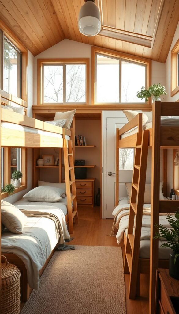 Compact and cozy bunk bed designs in a tiny home setting. Detailed, realistic interior with warm natural lighting filtering through large windows. Soft textiles, natural wood accents, and minimalist decor create a calming, inviting atmosphere. Carefully crafted bunk beds with integrated storage and ladders occupy the foreground, while the background showcases the small but efficient floor plan. Hints of greenery and personal touches add character. Photographed from an angle that highlights the clever use of vertical space and the harmonious blend of form and function. Compact and cozy bunk bed designs in a tiny home setting. Detailed, realistic interior with warm natural lighting filtering through large windows. Soft textiles, natural wood accents, and minimalist decor create a calming, inviting atmosphere. Carefully crafted bunk beds with integrated storage and ladders occupy the foreground, while the background showcases the small but efficient floor plan. Hints of greenery and personal touches add character. Photographed from an angle that highlights the clever use of vertical space and the harmonious blend of form and function.