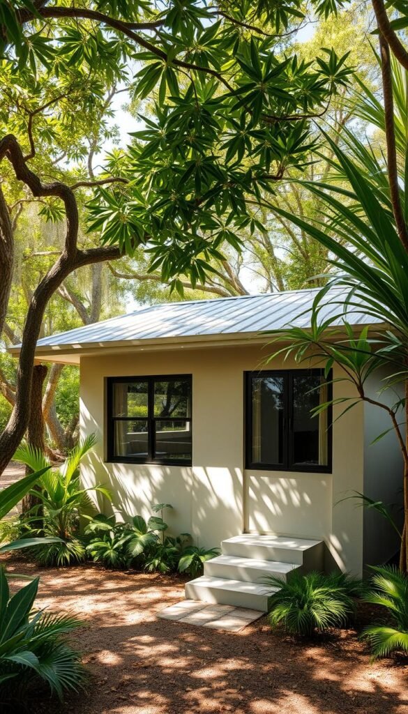 Compact home features in humid Florida: a minimalist dwelling nestled among lush foliage, with broad overhanging eaves and large windows maximizing cross-ventilation. Sunlight filters through the canopy, casting warm, dappled shadows across the stucco facade. A small porch offers a shaded respite, while a metal roof reflects the intense tropical sun. Sustainable materials like bamboo and recycled plastic create an eco-friendly, low-maintenance aesthetic. The home blends seamlessly into its natural surroundings, a harmonious intersection of modern design and humid subtropical climate. Compact home features in humid Florida: a minimalist dwelling nestled among lush foliage, with broad overhanging eaves and large windows maximizing cross-ventilation. Sunlight filters through the canopy, casting warm, dappled shadows across the stucco facade. A small porch offers a shaded respite, while a metal roof reflects the intense tropical sun. Sustainable materials like bamboo and recycled plastic create an eco-friendly, low-maintenance aesthetic. The home blends seamlessly into its natural surroundings, a harmonious intersection of modern design and humid subtropical climate.