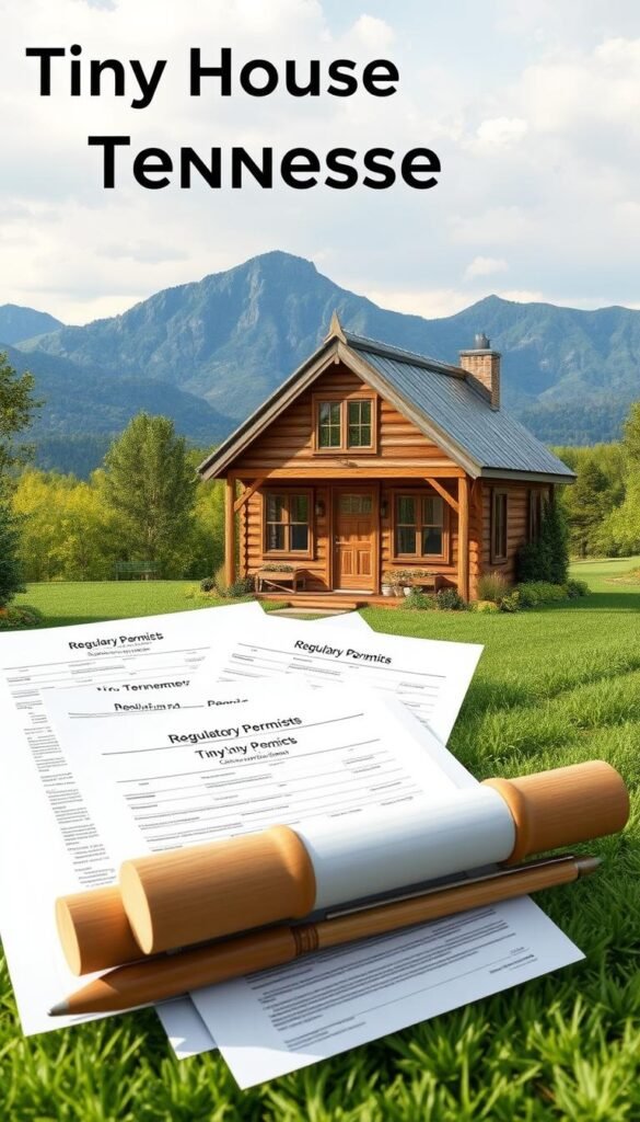 Detailed architectural rendering of a quaint tiny house nestled in a serene Tennessee landscape. The tiny house is surrounded by lush greenery, with a well-manicured lawn and a picturesque mountain range in the background. The house features a charming pitched roof, weathered wood siding, and large windows that flood the interior with natural light. In the foreground, a collection of regulatory documents and building permits are prominently displayed, highlighting the legal and compliance aspects of tiny house living in Tennessee. The overall scene conveys a sense of tranquility, sustainability, and the harmonious integration of small-scale dwellings within the state's idyllic rural setting. Detailed architectural rendering of a quaint tiny house nestled in a serene Tennessee landscape. The tiny house is surrounded by lush greenery, with a well-manicured lawn and a picturesque mountain range in the background. The house features a charming pitched roof, weathered wood siding, and large windows that flood the interior with natural light. In the foreground, a collection of regulatory documents and building permits are prominently displayed, highlighting the legal and compliance aspects of tiny house living in Tennessee. The overall scene conveys a sense of tranquility, sustainability, and the harmonious integration of small-scale dwellings within the state's idyllic rural setting.