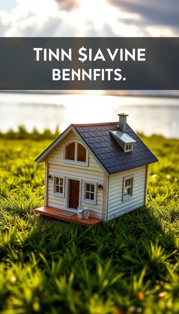 Detailed close-up image of a tiny house model, showcasing its financial benefits. The house is situated on a lush green meadow, with a peaceful lake in the background. Sunlight filters through the clouds, casting a warm, natural glow. The model highlights key cost-saving features, such as efficient energy systems, minimalist design, and reduced maintenance expenses. The overall composition conveys the sense of financial freedom and connection to nature that living in a tiny home can provide. Detailed close-up image of a tiny house model, showcasing its financial benefits. The house is situated on a lush green meadow, with a peaceful lake in the background. Sunlight filters through the clouds, casting a warm, natural glow. The model highlights key cost-saving features, such as efficient energy systems, minimalist design, and reduced maintenance expenses. The overall composition conveys the sense of financial freedom and connection to nature that living in a tiny home can provide.